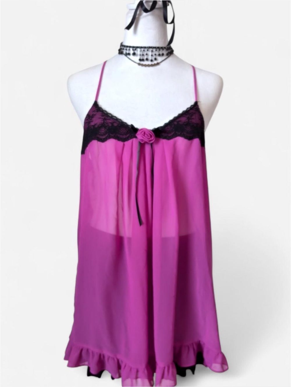 Vintage Y2K Apt. 9 Intimates Pink and Black Lace Babydoll Chemise Size M